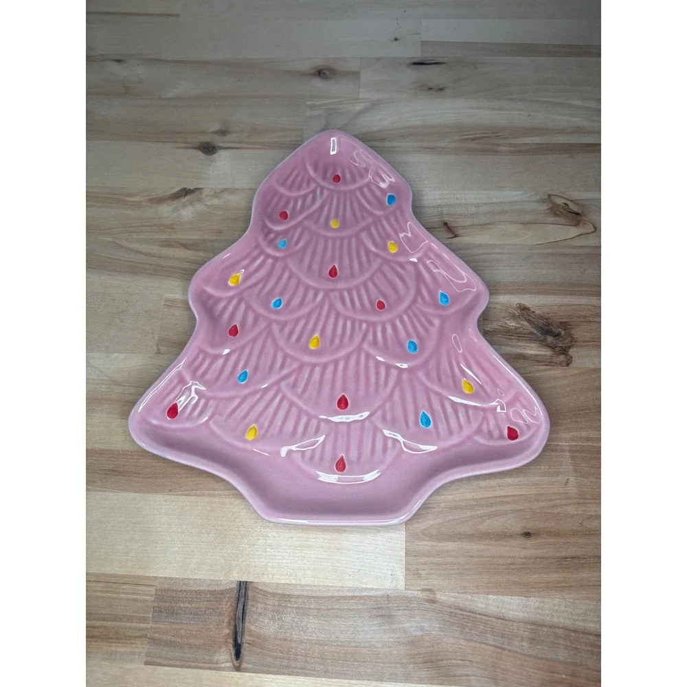 Merry Moments Pink Ceramic Christmas Tree Holiday Plate Stoneware Festive Decor